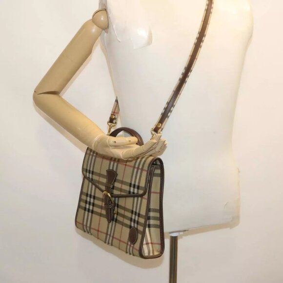 VALENTINO Check Hand Bag PVC Leather 2Way Shoulder Bag Beige Auth